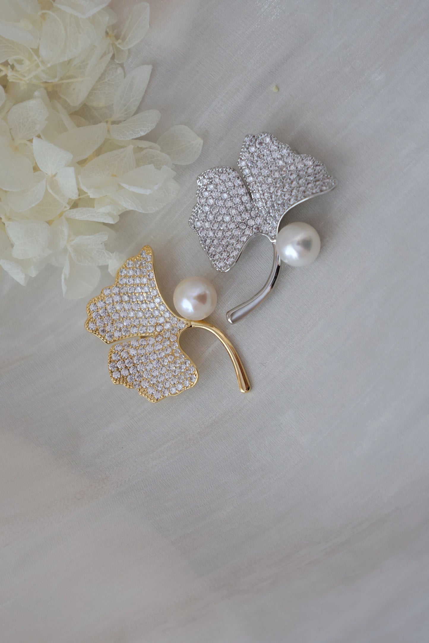Handmade pearl brooch/Ginkgo Biloba Brooch with Sparkling Rhinestones