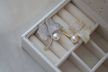 Handmade pearl brooch/Ginkgo Biloba Brooch with Sparkling Rhinestones
