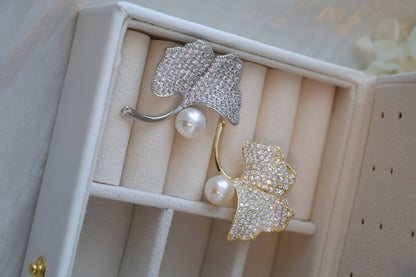 Handmade pearl brooch/Ginkgo Biloba Brooch with Sparkling Rhinestones