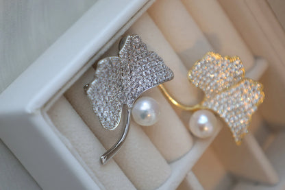Handmade pearl brooch/Ginkgo Biloba Brooch with Sparkling Rhinestones