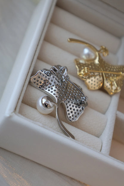 Handmade pearl brooch/Ginkgo Biloba Brooch with Sparkling Rhinestones