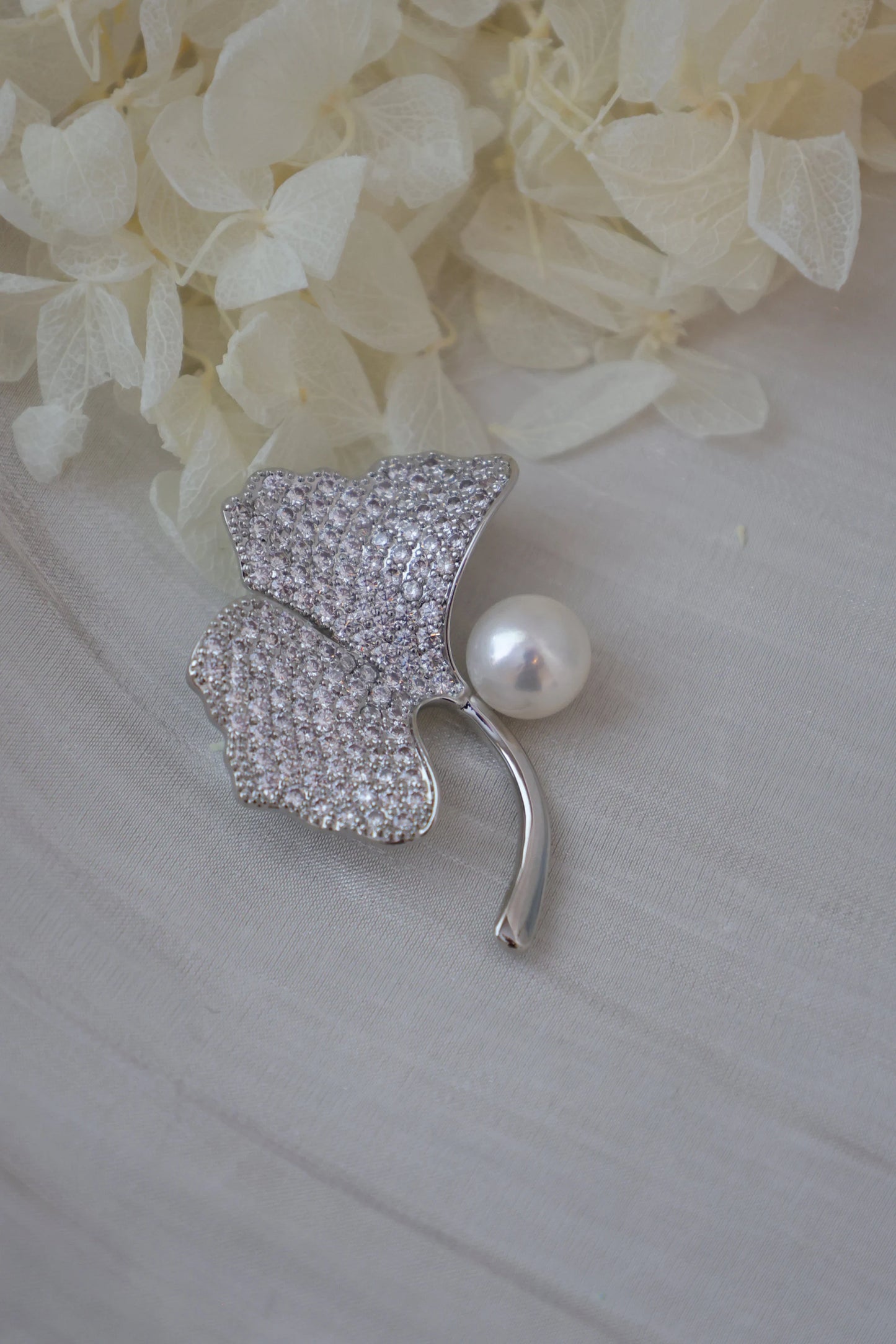 Handmade pearl brooch/Ginkgo Biloba Brooch with Sparkling Rhinestones