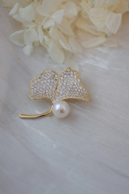 Handmade pearl brooch/Ginkgo Biloba Brooch with Sparkling Rhinestones