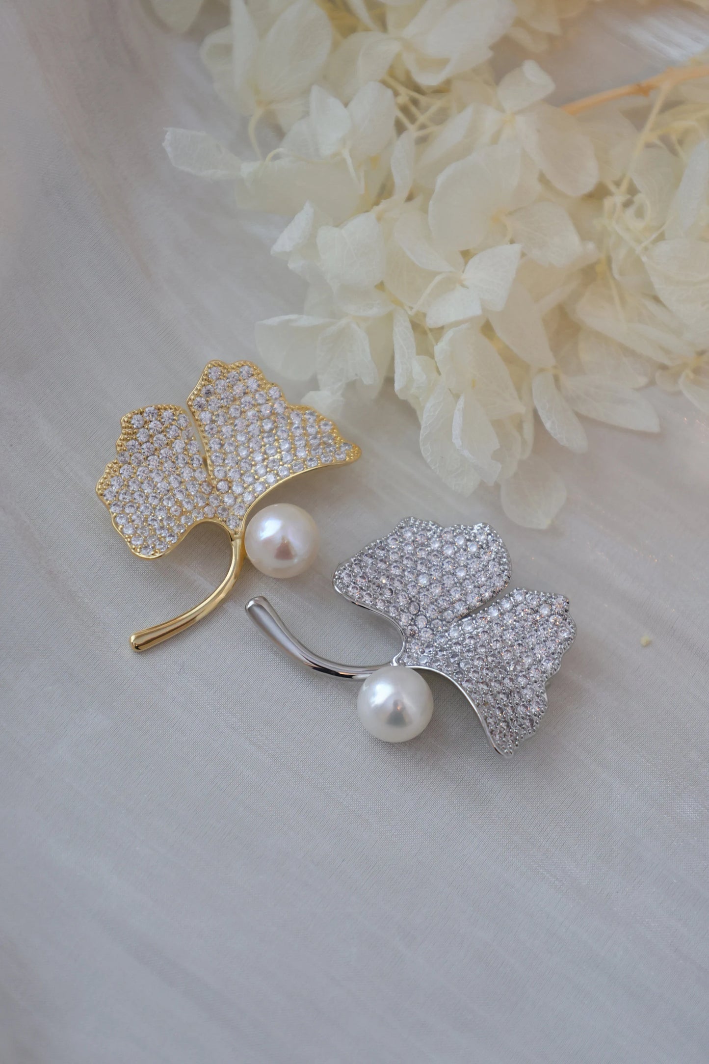 Handmade pearl brooch/Ginkgo Biloba Brooch with Sparkling Rhinestones