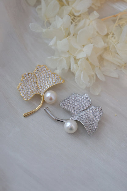 Handmade pearl brooch/Ginkgo Biloba Brooch with Sparkling Rhinestones