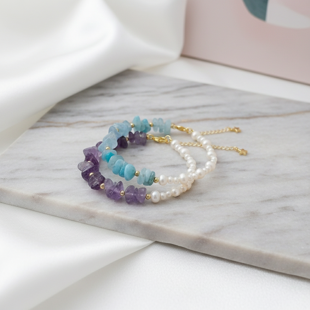 Freshwater Pearl & Crystal Beaded Bracelet - Crafted with Brass