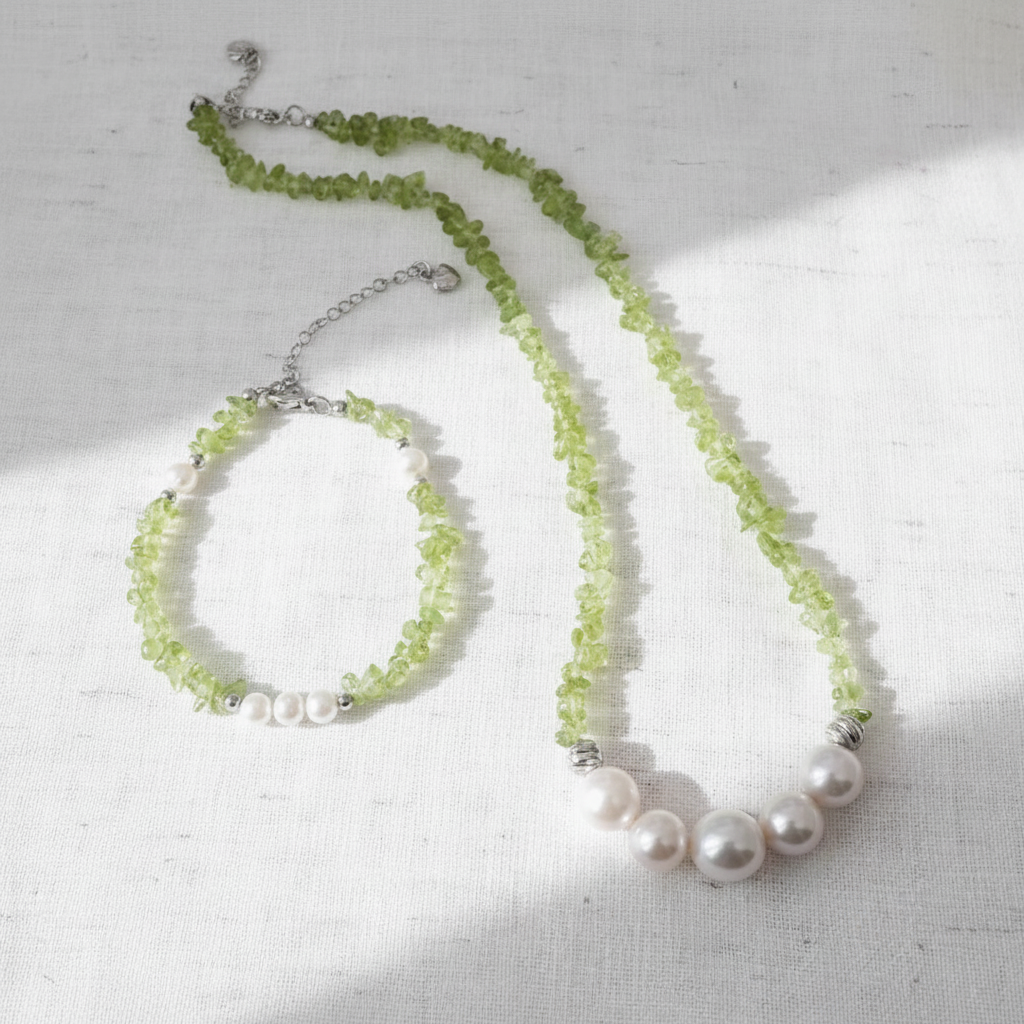 Green Peridot and Freshwater Pearl Necklace or Bracelet – August