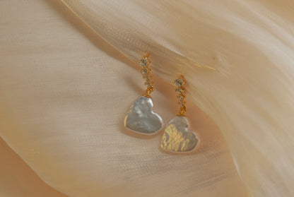 Natural Pearl Heart Earrings/ Freshwater Pearl Earring / Dangle