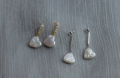 Natural Pearl Heart Earrings/ Freshwater Pearl Earring / Dangle