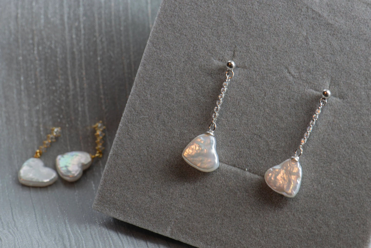 Natural Pearl Heart Earrings/ Freshwater Pearl Earring / Dangle