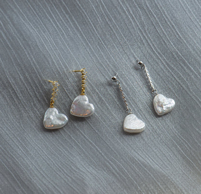 Natural Pearl Heart Earrings/ Freshwater Pearl Earring / Dangle