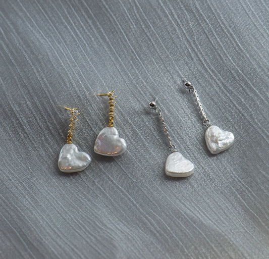 Natural Pearl Heart Earrings/ Freshwater Pearl Earring / Dangle