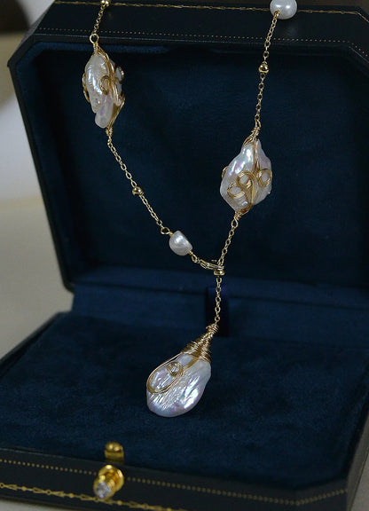 Handmade Luxury Natural Baroque Pearl Pendant Necklace/ Gold wrapped