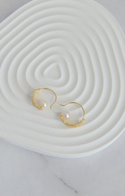 Sterling Silver Feather & Pearl Hoops