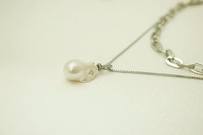 Chunky Layered Chain & Baroque Pearl Necklace
