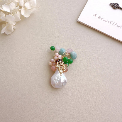 Baroque Pearl Gemstone Brooch | Handmade Floral Pearl Pin | Colorful