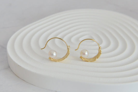 Sterling Silver Feather & Pearl Hoops