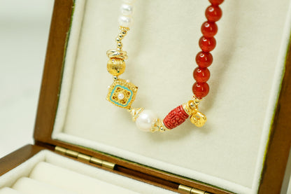 Red Agate & Pearl Buddha Bracelet