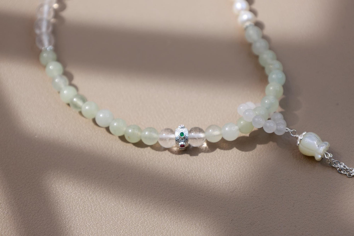 Buddhist Prayer Wheel Jade & Pearl Bracelet