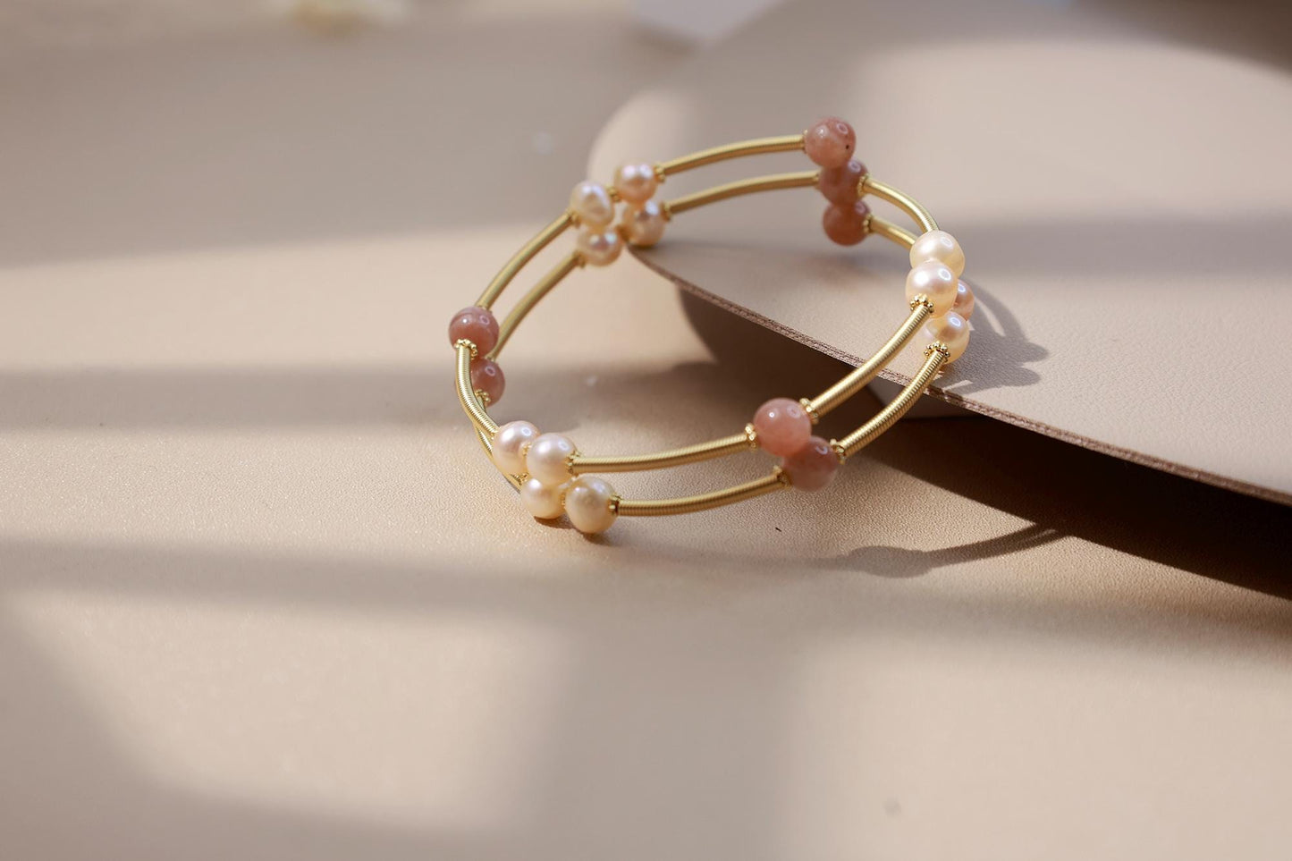 Moonstone & Pearl Layered Flexible Bangle