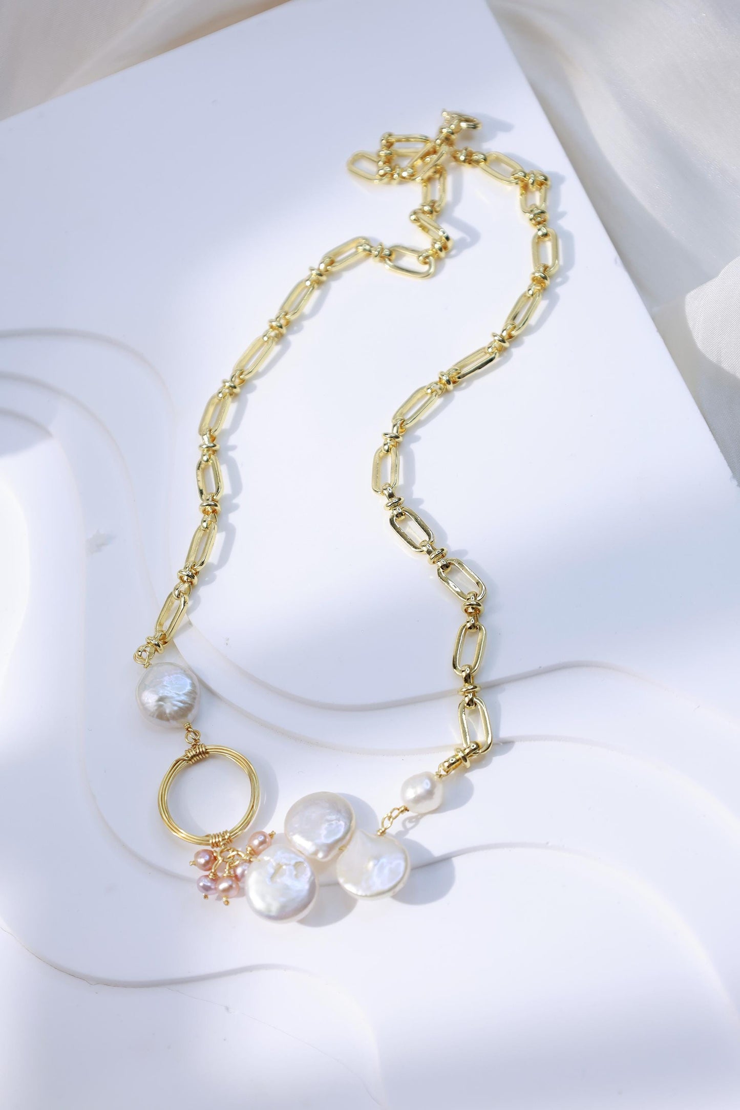 Baroque Coin Pearl Paperclip Chain Necklace