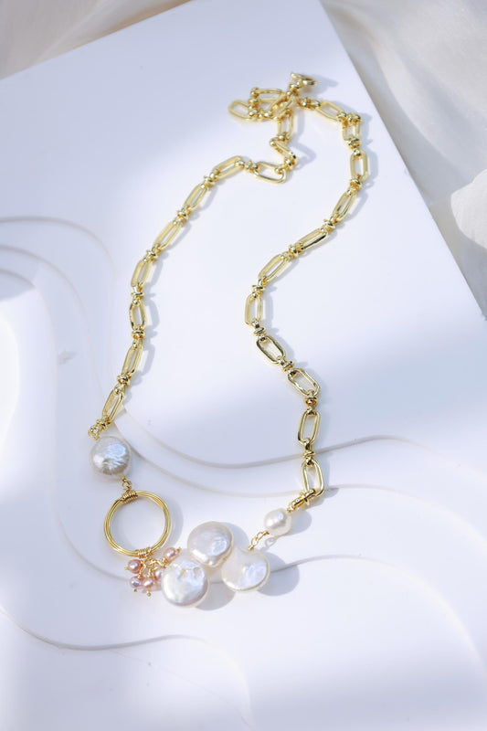 Baroque Coin Pearl Paperclip Chain Necklace