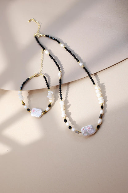 Hand-Painted Flower Black Spinel Pearl Set