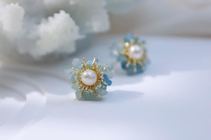 Aquamarine & Pearl Miniature Flower Studs