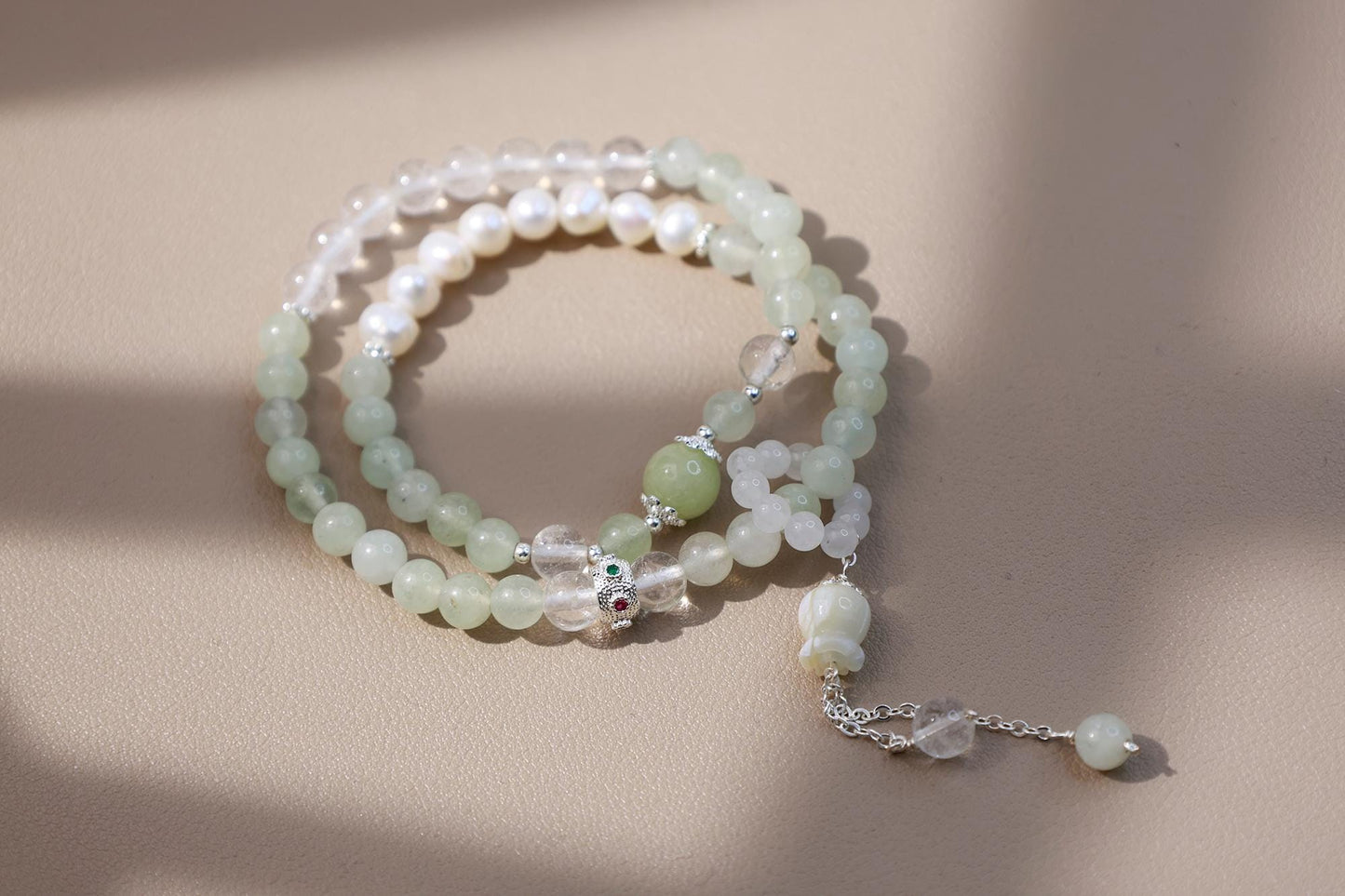 Buddhist Prayer Wheel Jade & Pearl Bracelet