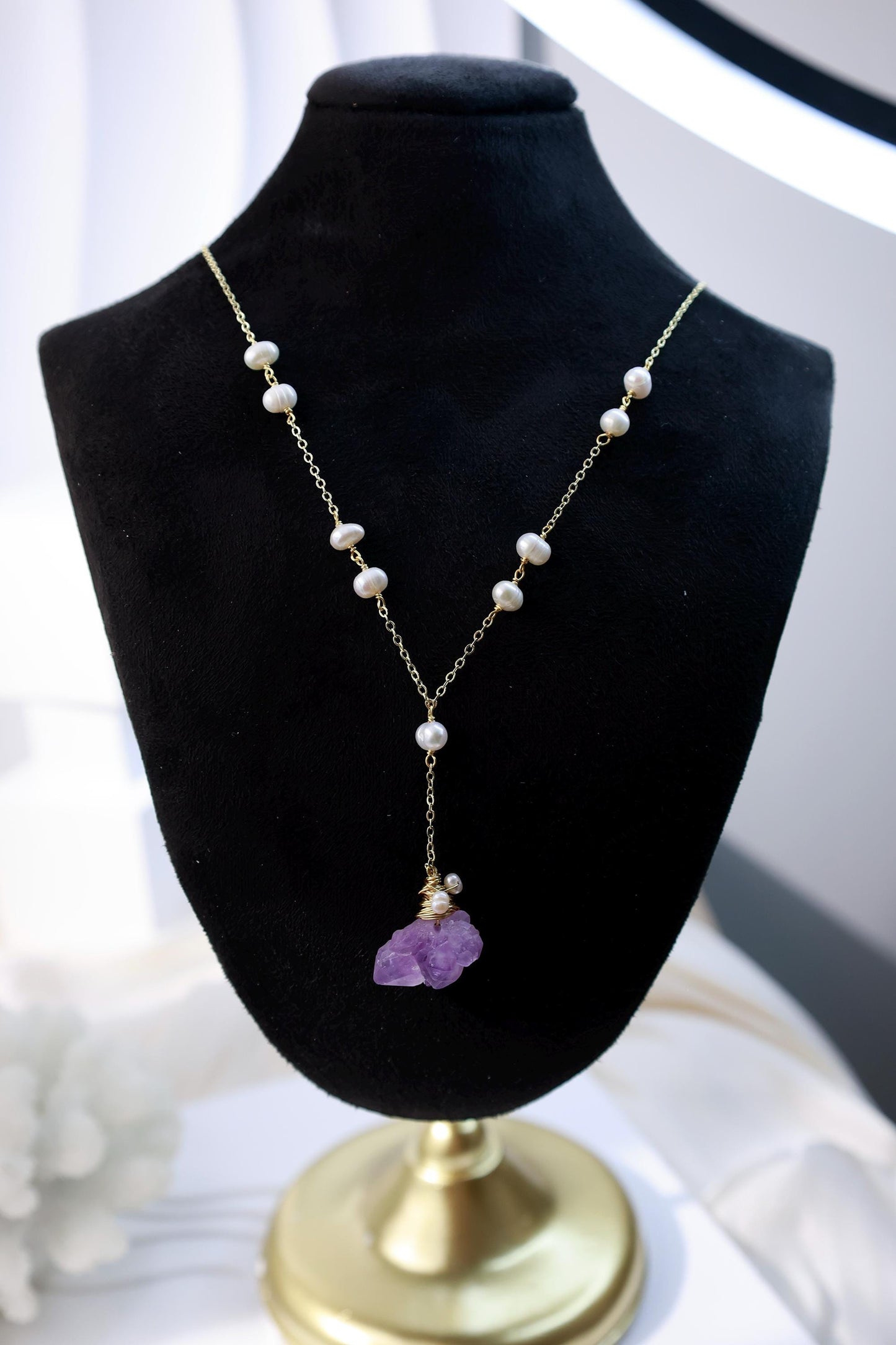 Raw Amethyst & Pearl Y-Lariat Necklace