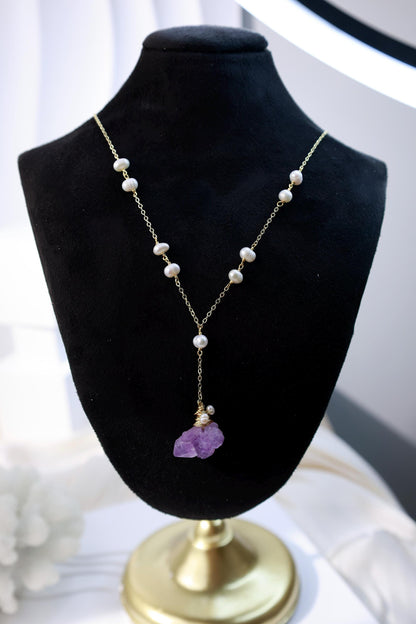 Raw Amethyst & Pearl Y-Lariat Necklace