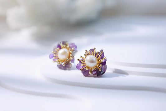 Amethyst & Pearl Miniature Flower Studs
