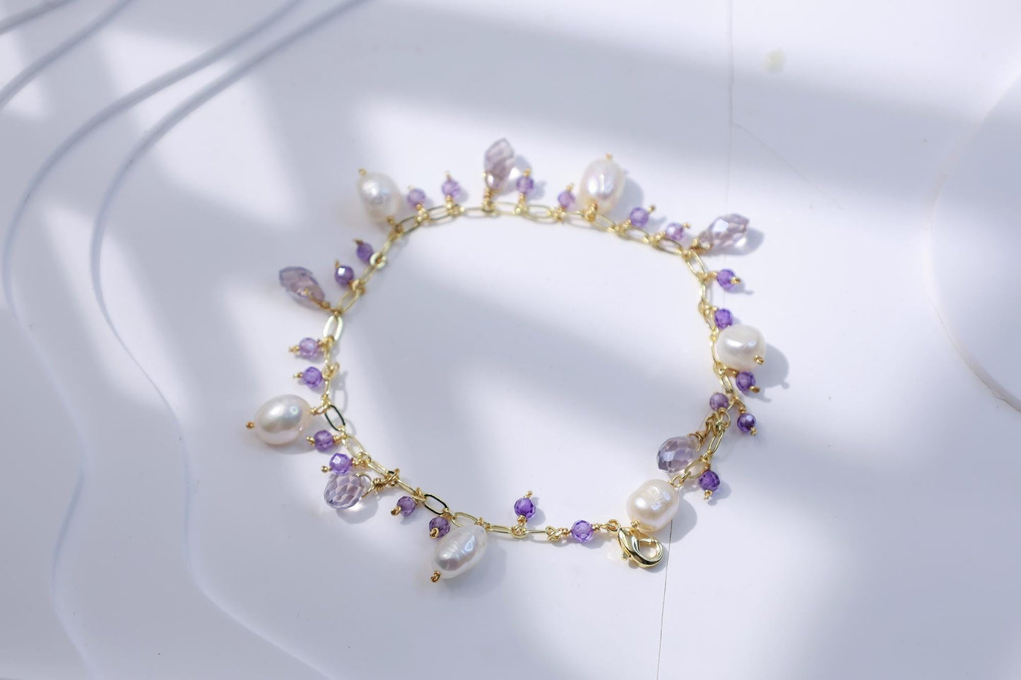 Amethyst & Pearl Dangle Charm Bracelet