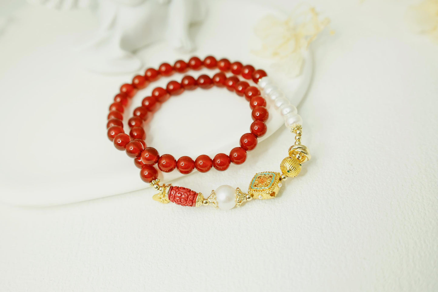 Red Agate & Pearl Buddha Bracelet