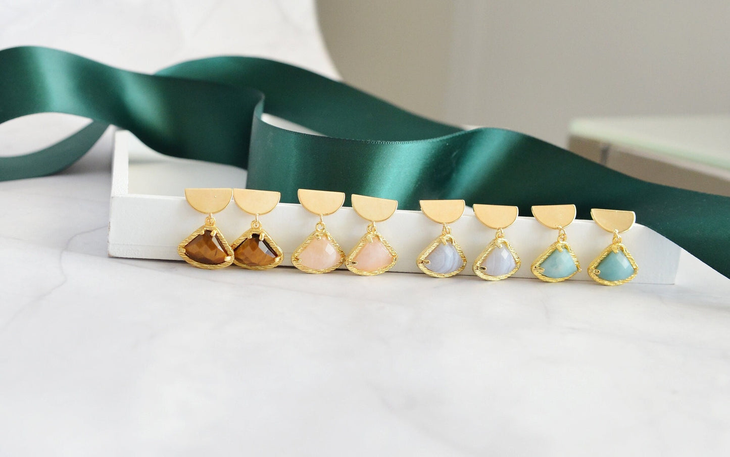 Mixed Gemstone Fan-Shape Drop Earrings