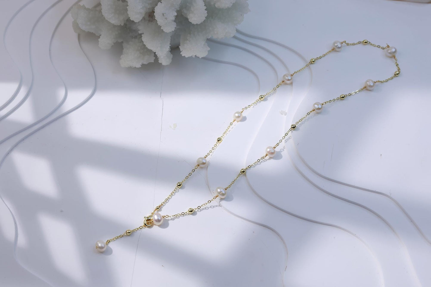 Floating Pearl Station Minimalist Necklace - Crafted with Brass