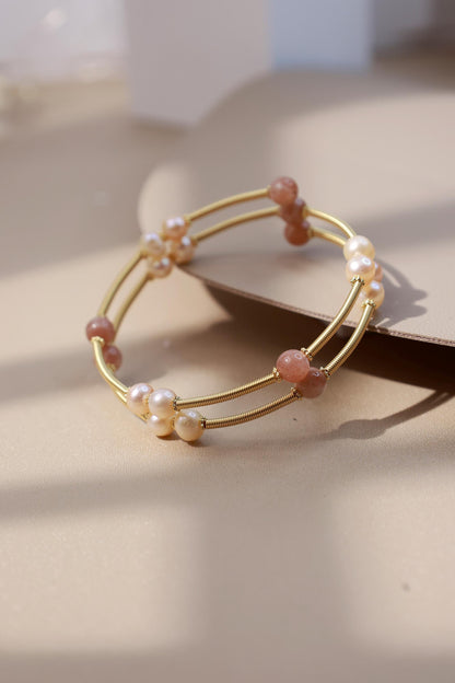 Moonstone & Pearl Layered Flexible Bangle