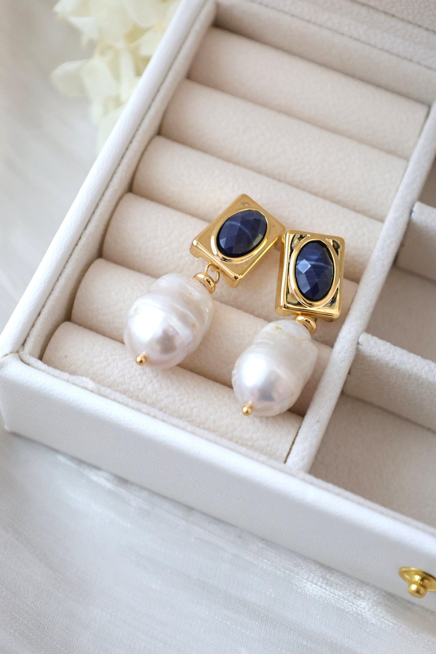 Blue Crystal & Large Baroque Pearl Dangles