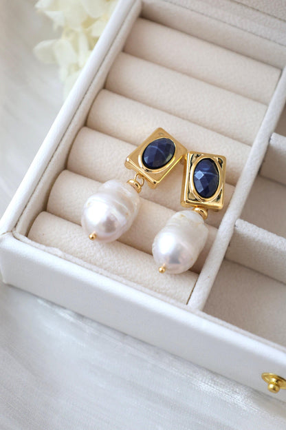 Blue Crystal & Large Baroque Pearl Dangles