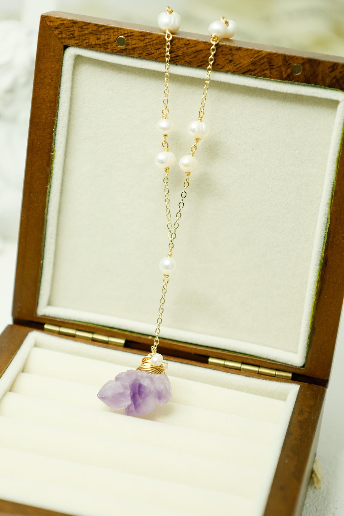 Raw Amethyst & Pearl Wire Wrapped Necklace