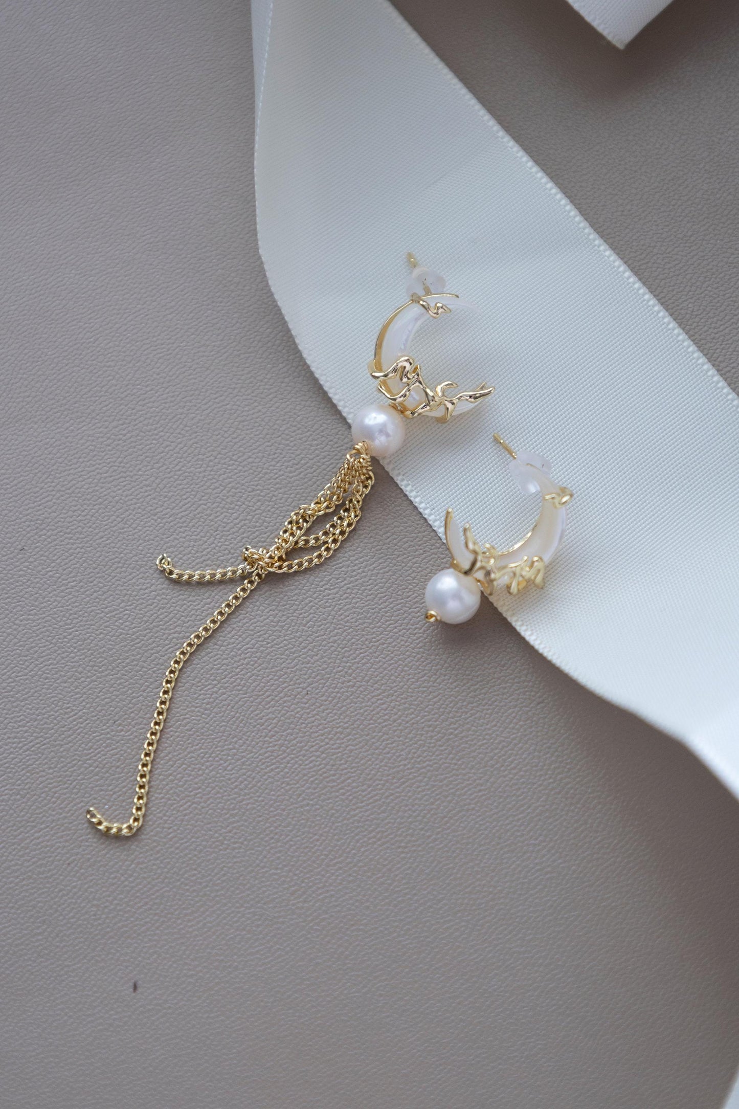 Asymmetrical Pearl & Shell Moon Dangles