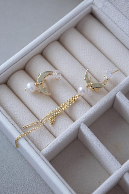 Asymmetrical Pearl & Shell Moon Dangles