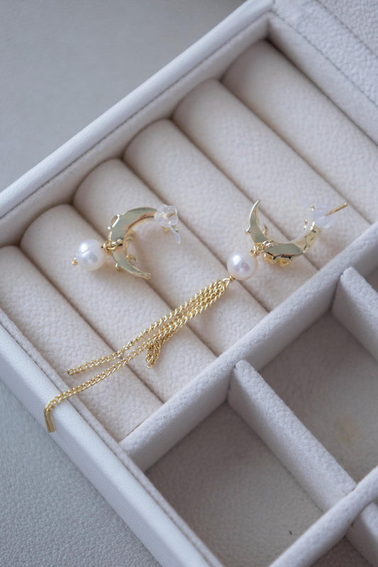 Asymmetrical Pearl & Shell Moon Dangles