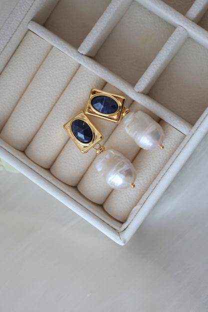 Blue Crystal & Large Baroque Pearl Dangles