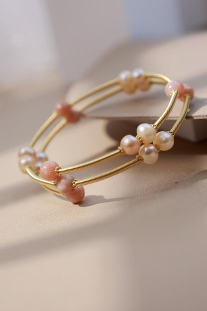Moonstone & Pearl Layered Flexible Bangle