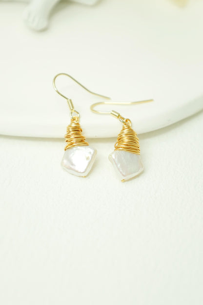 Square Keshi Pearl Gold Wire Dangles