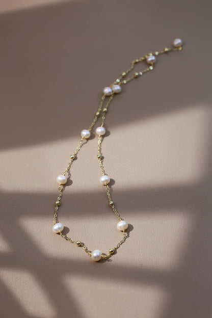 Floating Pearl Station Minimalist Necklace - Crafted with Brass