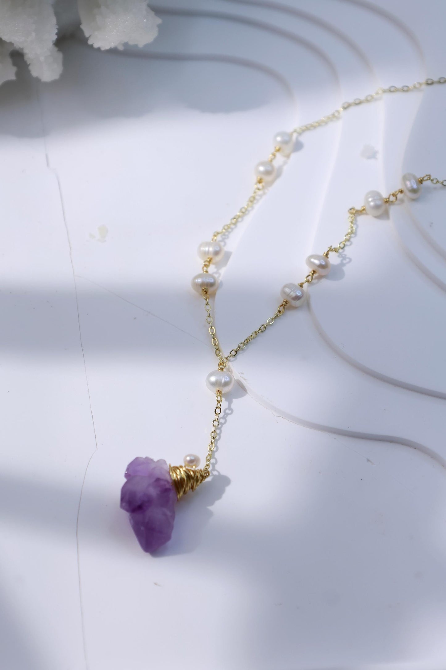Raw Amethyst & Pearl Y-Lariat Necklace