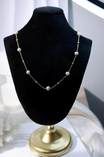Floating Pearl Station Minimalist Necklace - Crafted with Brass