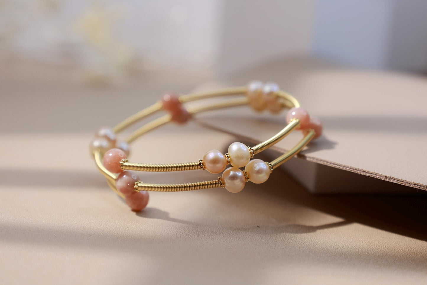 Moonstone & Pearl Layered Flexible Bangle